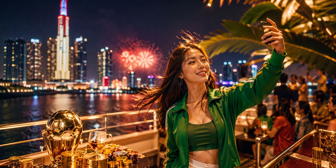 Người dùng TP. HCM xem phân tích thể thao trên điện thoại tại chợ đêm